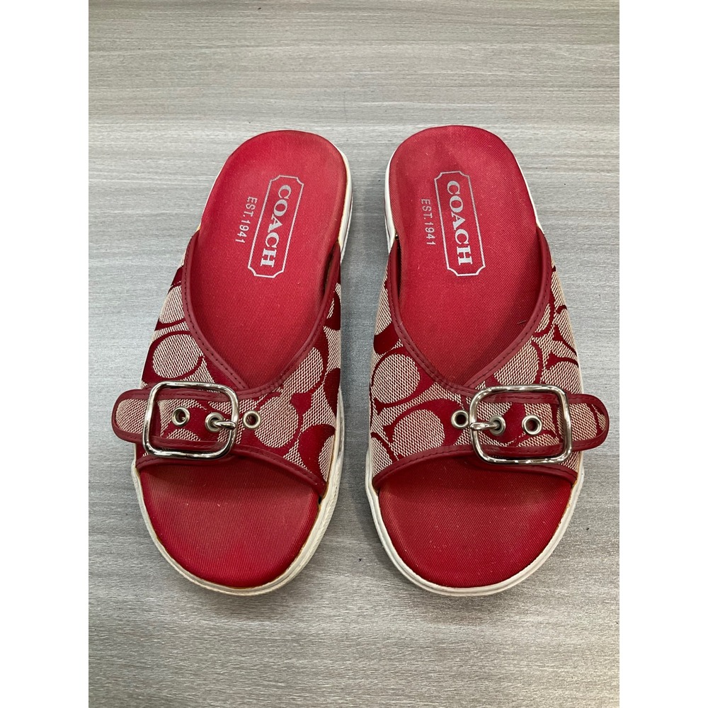 COACH BONNY SIGNATURE RED CANVAS SLIDE SANDALS